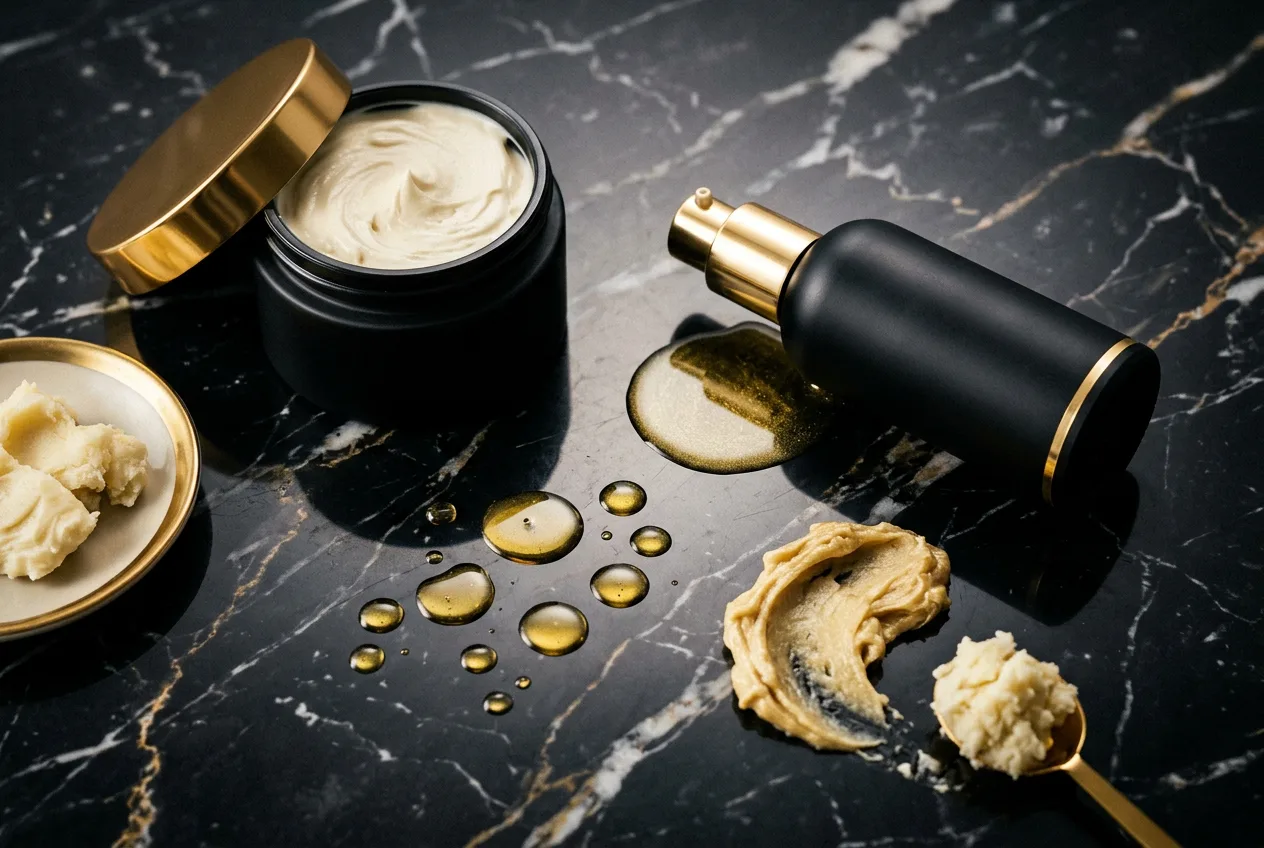 LVD Skynn whipped body butter and luxury body oil on black marble