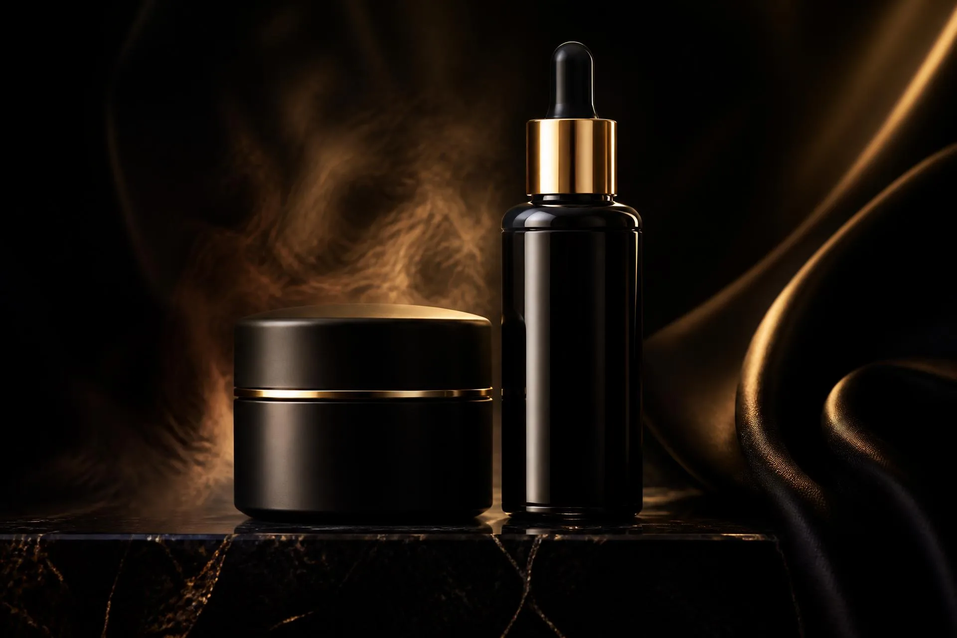LVD Skynn whipped body butter jar and luxury body oil bottle on black marble