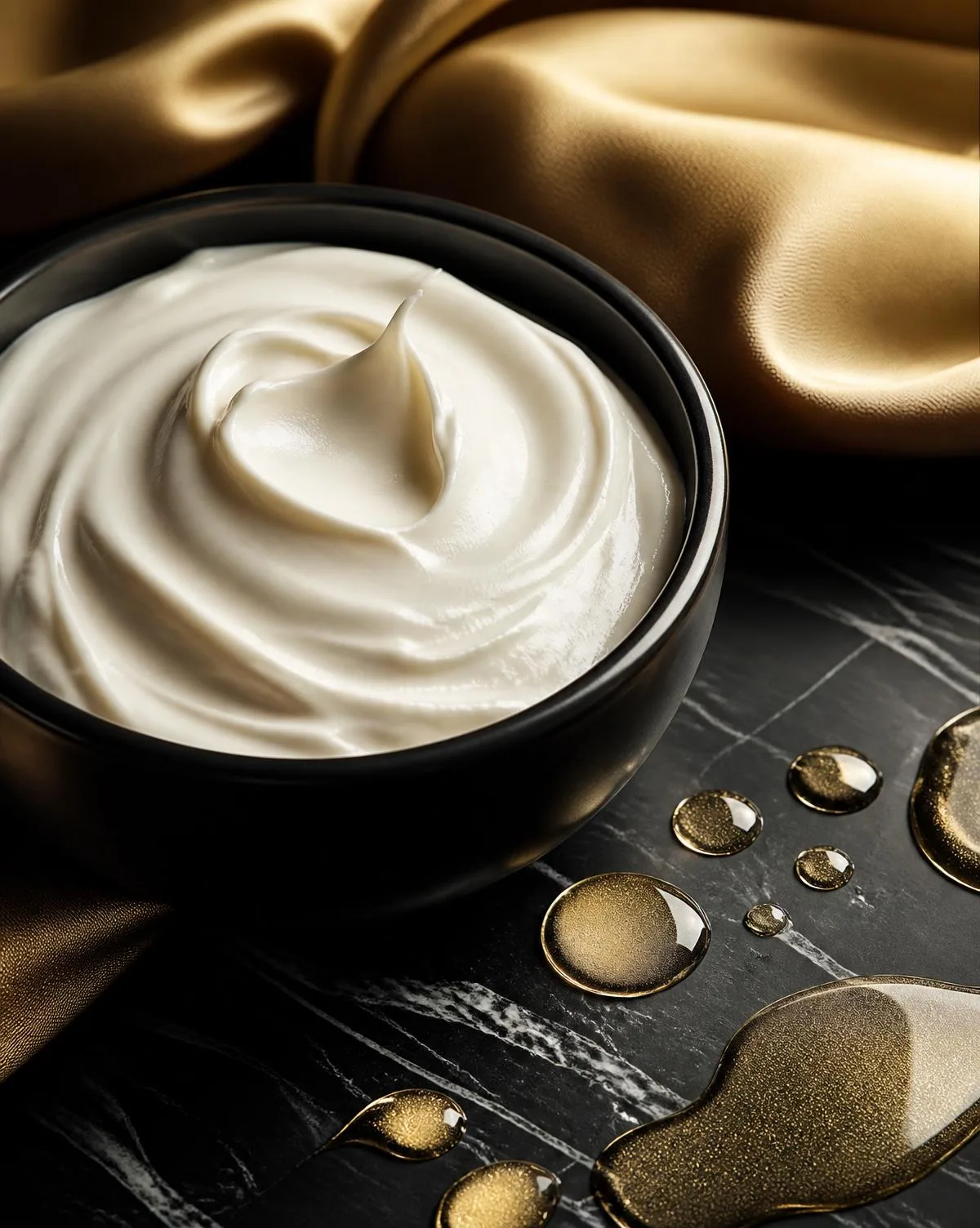 Whipped body butter swirled in a black bowl beside golden body oil droplets